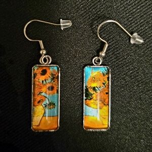 Sunflower Art Rectangle Drop Earrings - Turquoise & Orange